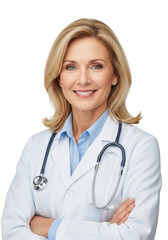 Fototapeta premium Smiling female physician wearing a white lab coat and stethoscope with arms crossed on a black background