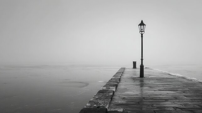 A solitary lamp post stands at the end of a pier, shrouded in mist, creating a serene and atmospheric black and white seascape scene
