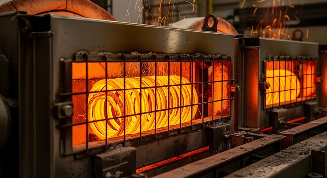 Red-hot metal coil glows inside an industrial furnace during a high-temperature heat treatment process in a steel mill