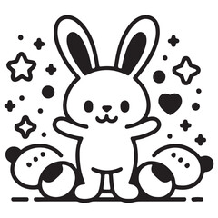 Adorable Black and White Bunny Vector with Kawaii Style Elements