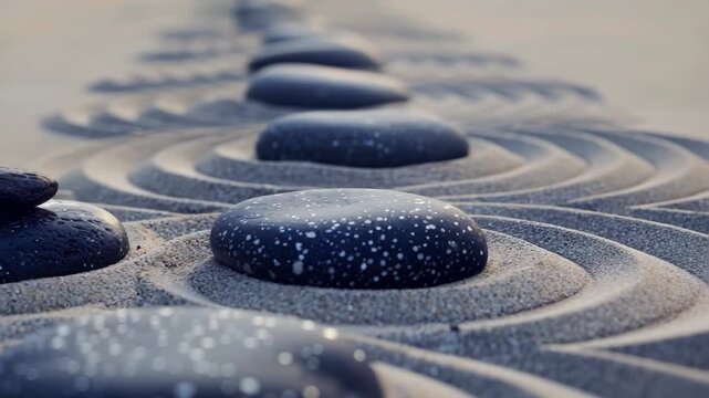 Smooth black stones arranged in sand with circular patterns, showcasing serene zen garden