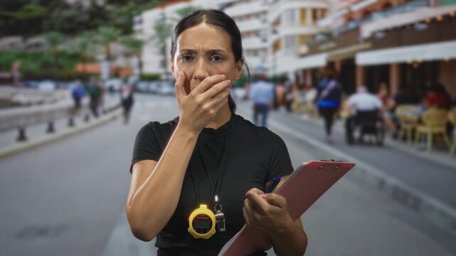 Hispanic young brunette woman referee holding pink clipboard and yellow stopwatch, hand covering mouth on street; surprise.