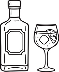 Gin Bottle Line Art with Cocktail Glass, Ice and Lemon