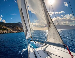 Sailing Yacht Close Up, Blue Sea, Sunny Day, White Sails