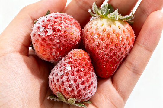 Three frozen strawberries on hand at winter  - Powered by Adobe