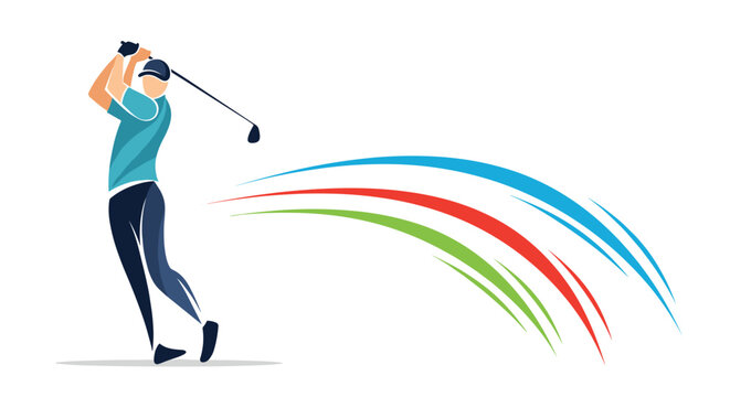 Stylized illustration of a golfer mid-swing, with colorful artistic trails representing the motion and trajectory of a golf shot.