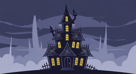 Spooky cartoon haunted mansion with glowing windows and cobwebs at night