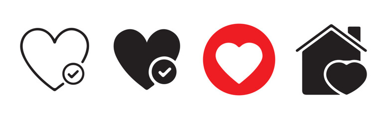 Collection of heart and home icons with check marks for favorite and approved status