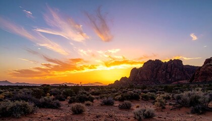 Dramatic Desert Sunset with Fiery Orange and Purple Sky Over Rugged Red Rock Formations and Sparse Vegetation