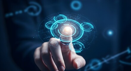 Mano toque la interfaz digital hud fondo de tecnología futurista de la pantalla de la computadora virtual pantalla ui concepto futuro o holograma de comunicación cibernética y sistema de Internet de i