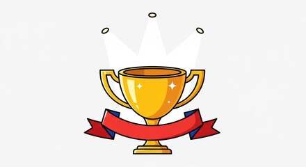 Golden trophy with red ribbon and spotlight on white background