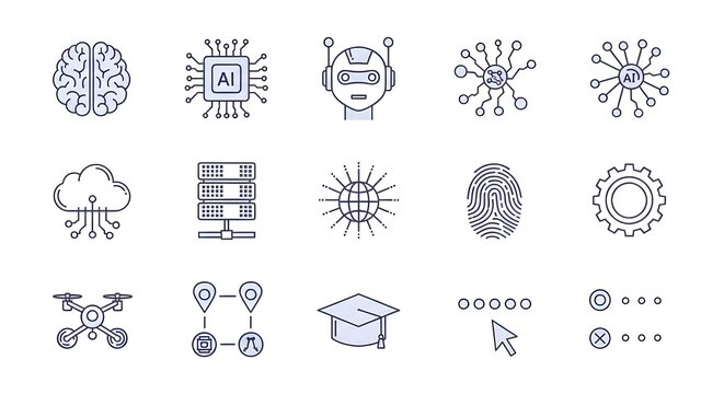 Conjunto de iconos web de inteligencia artificial en estilo de línea.
 Iconos de tecnología AI para aplicaciones web y móviles.
 Aprendizaje automático, tecnología de IA digital, algoritmo, robótica i