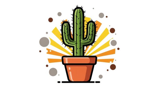 Fototapeta Colorful cartoon cactus in pot with sunburst and dots
