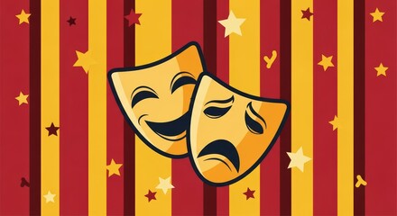 Comedy and tragedy masks on striped starry background