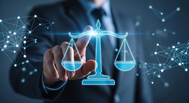 Businessman touches scales of justice hovering over network, symbolizing legal technology and digital law in modern business with a futuristic feel.