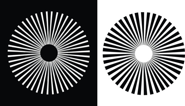 Radial Contrast Patterns, Symmetrical Optical Illusions in Black and White Featuring Alternating Lines and Central Circular Focal Points