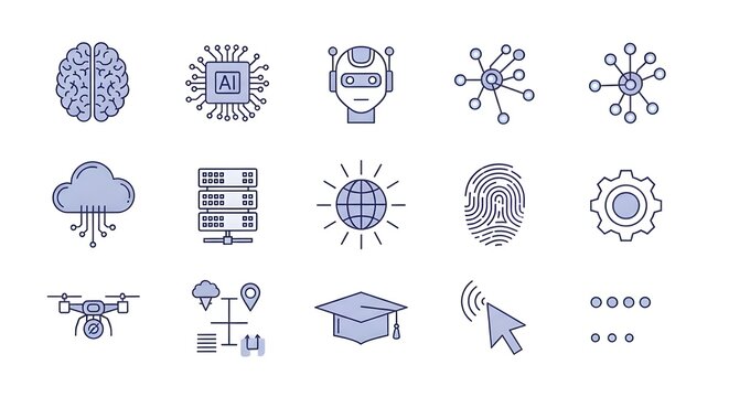 Conjunto de iconos web de inteligencia artificial en estilo de línea.
 Iconos de tecnología AI para aplicaciones web y móviles.
 Aprendizaje automático, tecnología de IA digital, algoritmo, robótica i