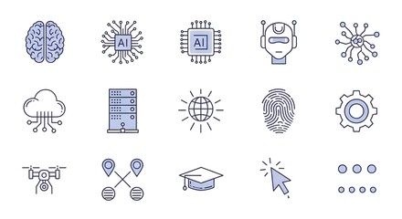 Conjunto de iconos web de inteligencia artificial en estilo de línea.
 Iconos de tecnología AI para aplicaciones web y móviles.
 Aprendizaje automático, tecnología de IA digital, algoritmo, robótica i
