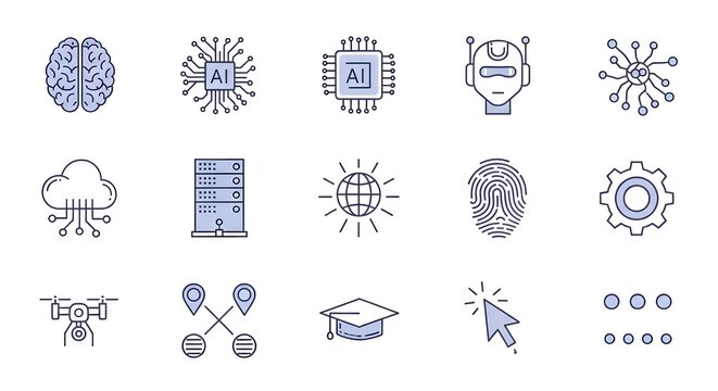 Conjunto de iconos web de inteligencia artificial en estilo de línea.
 Iconos de tecnología AI para aplicaciones web y móviles.
 Aprendizaje automático, tecnología de IA digital, algoritmo, robótica i