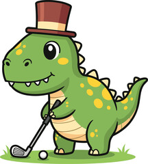 Cute Baby T-Rex Dinosaur Mascot Cartoon Character, Wearing a Top Hat and Playing Golf, Funny Prehistoric Animal Sports Vector Illustration.