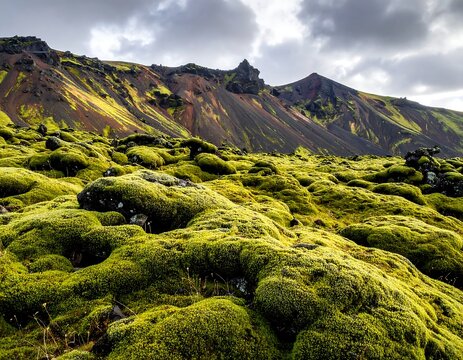 A landscape featuring vibrant green moss covering the foreground, leading to textured terrain and mountains under a cloudy sky