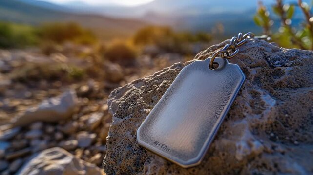 Metal dog tag lying on rocky surface with blurred natural scenery in background