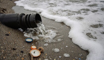 Water flows from a pipe onto the sandy beach, creating bubbles near colorful bottle caps Generative AI
