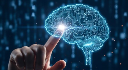Finger touches digital brain model in futuristic setting, representing artificial intelligence and cognitive enhancement, creating a sense of innovation and progress.