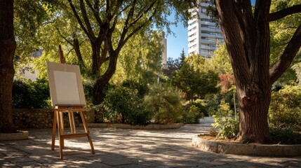 Easel with blank canvas stands ready for an artists inspiration in a serene park setting bathed in sunlight, inviting creativity