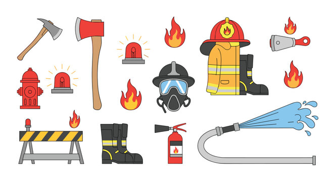 Comprehensive collection of firefighting equipment and emergency service icons in a flat, colorful line art style, isolated on a white background.