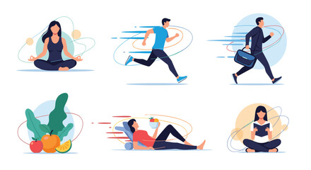 Collection of people engaged in various healthy lifestyle activities, including yoga, running, eating fruit, reading, and working in an office.