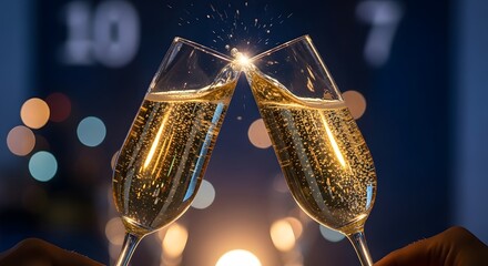 two glasses of champagne and fireworks