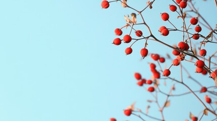Delicate branches adorned with vibrant red berries against a soft blue canvas