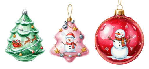 Vibrant Christmas tree and ball ornaments featuring Santa Claus, reindeer, and cheerful snowmen designs for holiday decor