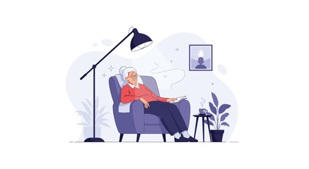 A peaceful elderly woman rests and dozes in a comfortable armchair under a lamp, enjoying her retirement in a cozy living room setting.