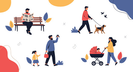 Fototapeta premium A set of illustrations showing people enjoying relaxing daily life activities in a park, such as walking with family, reading, and walking a dog.
