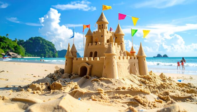 Elaborate Sandcastle Fortress Adorned with Colorful Flags on a Sandy Beach Under a Bright Sunny Sky with Tropical Green Hills in the Background and Gentle Waves in the Ocean
