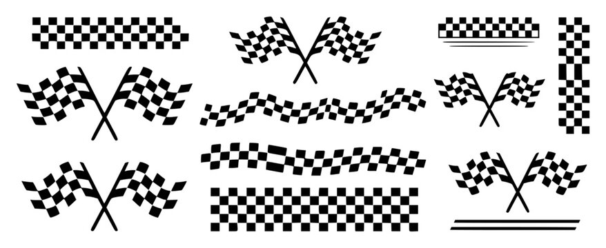 Collection of checkered flags and racing banners, symbolizing victory and speed