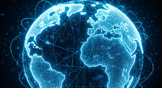 Stunning digital globe with glowing connections showcases global networks and technology innovation, perfect for illustrating international business concepts