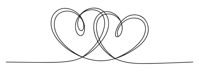 Continuous line drawing of two hearts simple vector illustration for wedding invitations and romantic designs