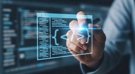 Programmer writes code on transparent screen in modern office, showcasing future of technology with bright, futuristic vibe.