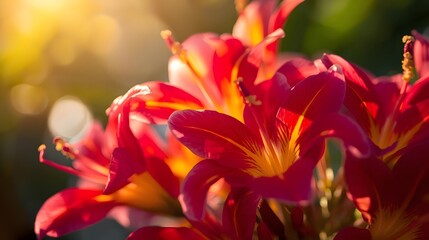 Vibrant red and yellow daylilies bloom in a summer garden with sunlight.