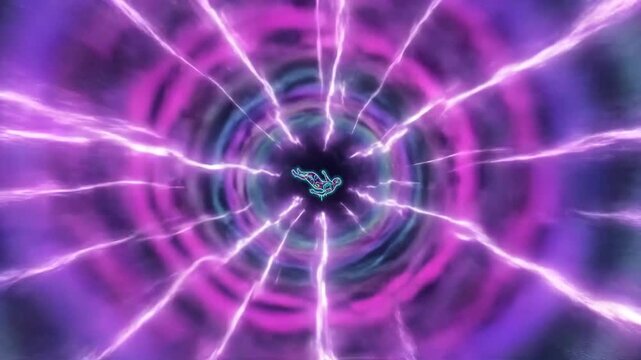 Psychedelic deep hypnosis animation with a falling neon silhouette. Retro vaporwave tunnel with clock gears and lightning - Powered by Adobe