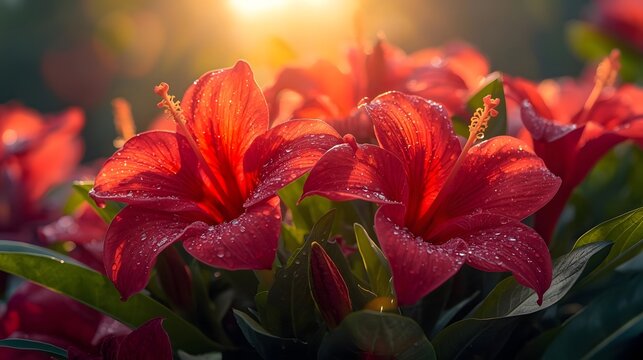 Vibrant red rhododendron flowers blooming in sunlight with water droplets.
