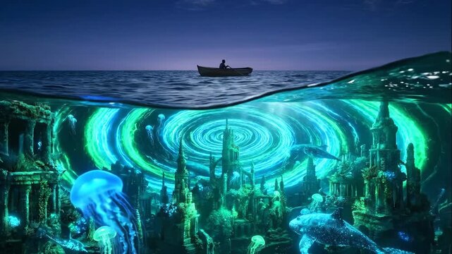 Fantasy underwater city with ancient ruins and a swirling magic vortex beneath a boat. Split view of ocean surface at night with whales and jellyfish. Surreal adventure concept