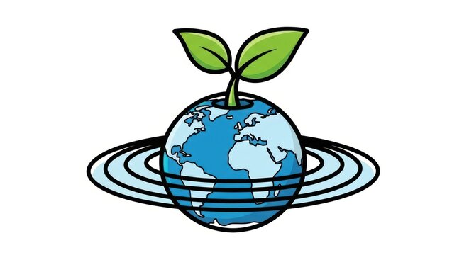Planet earth with orbiting rings and leaf sprout symbolizing growth and sustainability