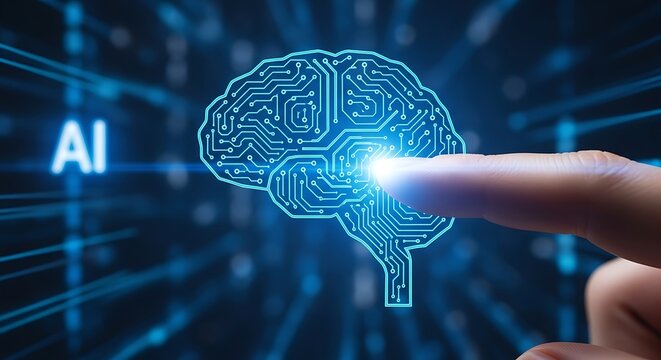 Finger touches digital brain representing artificial intelligence on futuristic blue circuit board, symbolizing innovation and technological advancement.
