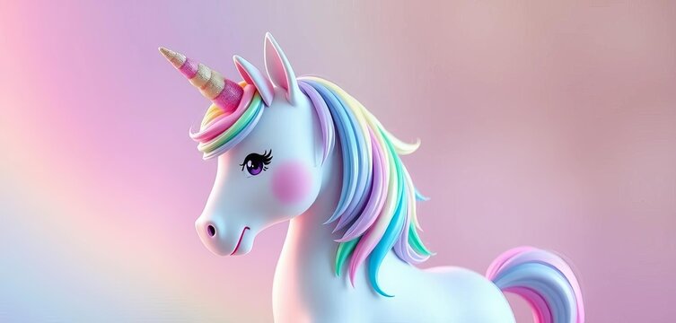 Adorable pastel rainbow unicorn with sparkly horn and mane, magical tail,  horse, unicorn