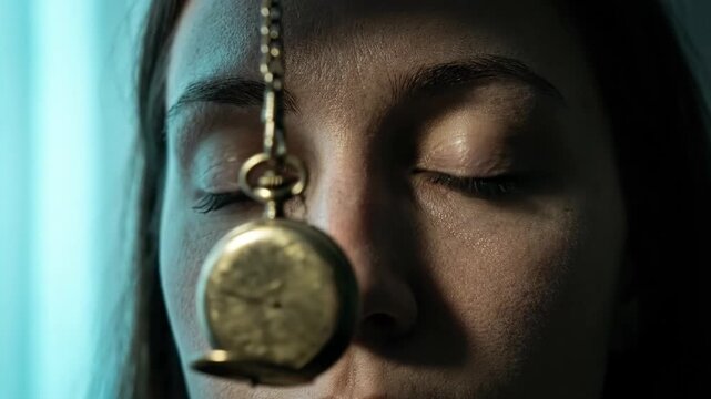 Close-up of a woman being hypnotized by a swinging pocket watch. Female eyes following a pendulum timepiece before closing in a trance. Hypnotherapy and psychology concept