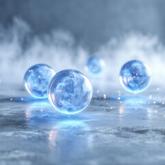 Futuristic Ice Spheres: Glowing Blue Glass Balls on Frozen Surface 3D Render